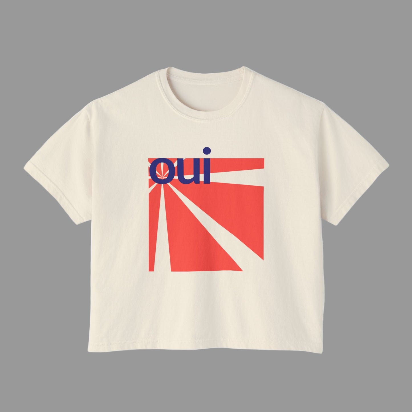 Beige t-shirt with a red and blue graphic design on a white background
