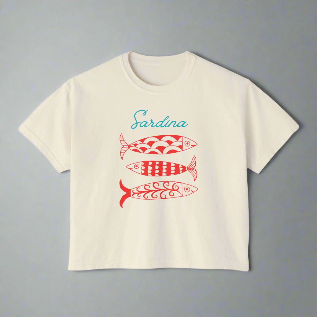 Sardina Tee- Block Print in Aqua and Red: Relaxed Cropped Silhouette