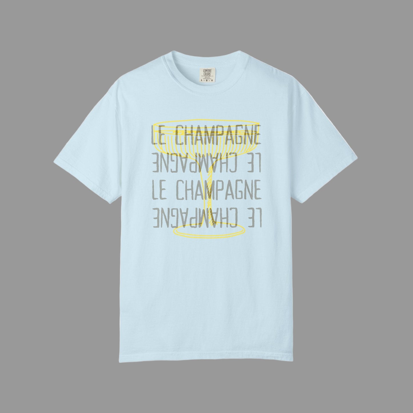 Light blue t-shirt with yellow text and design on a white background