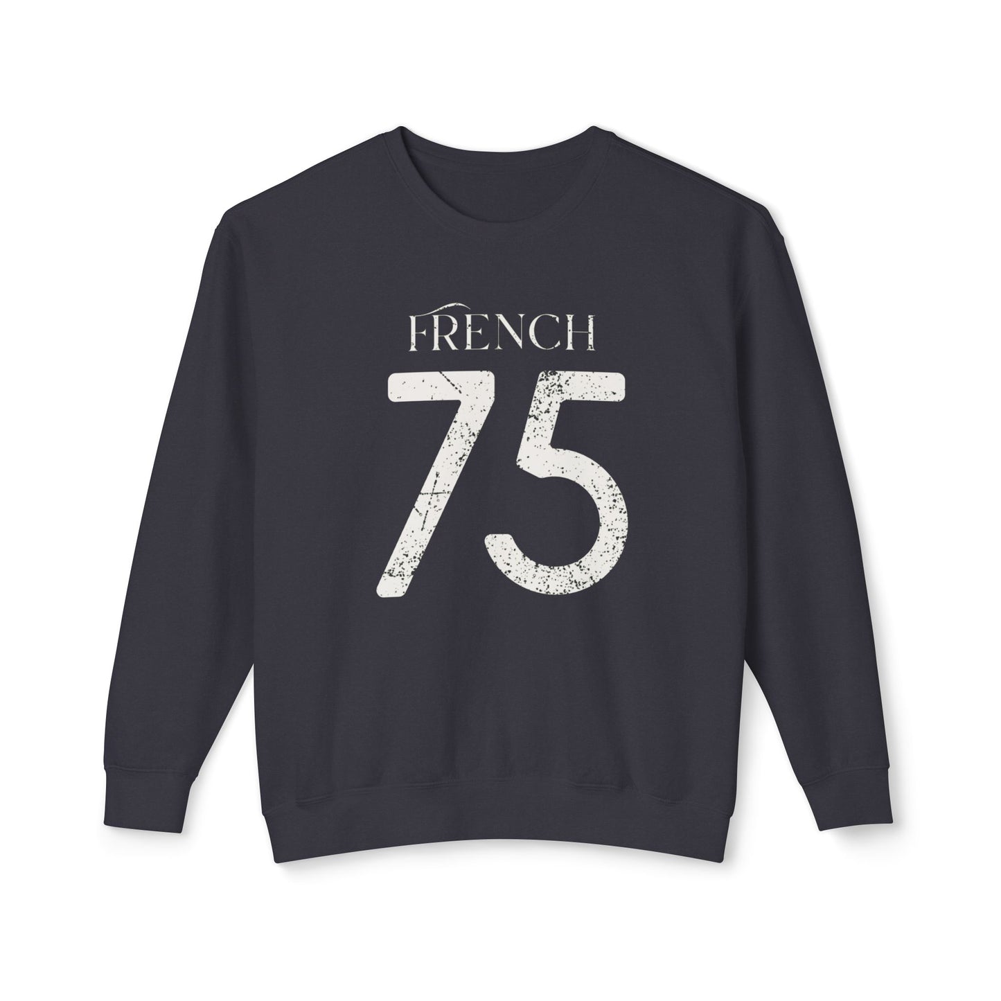 Navy blue sweatshirt with 'FRENCH 75' text on a white background