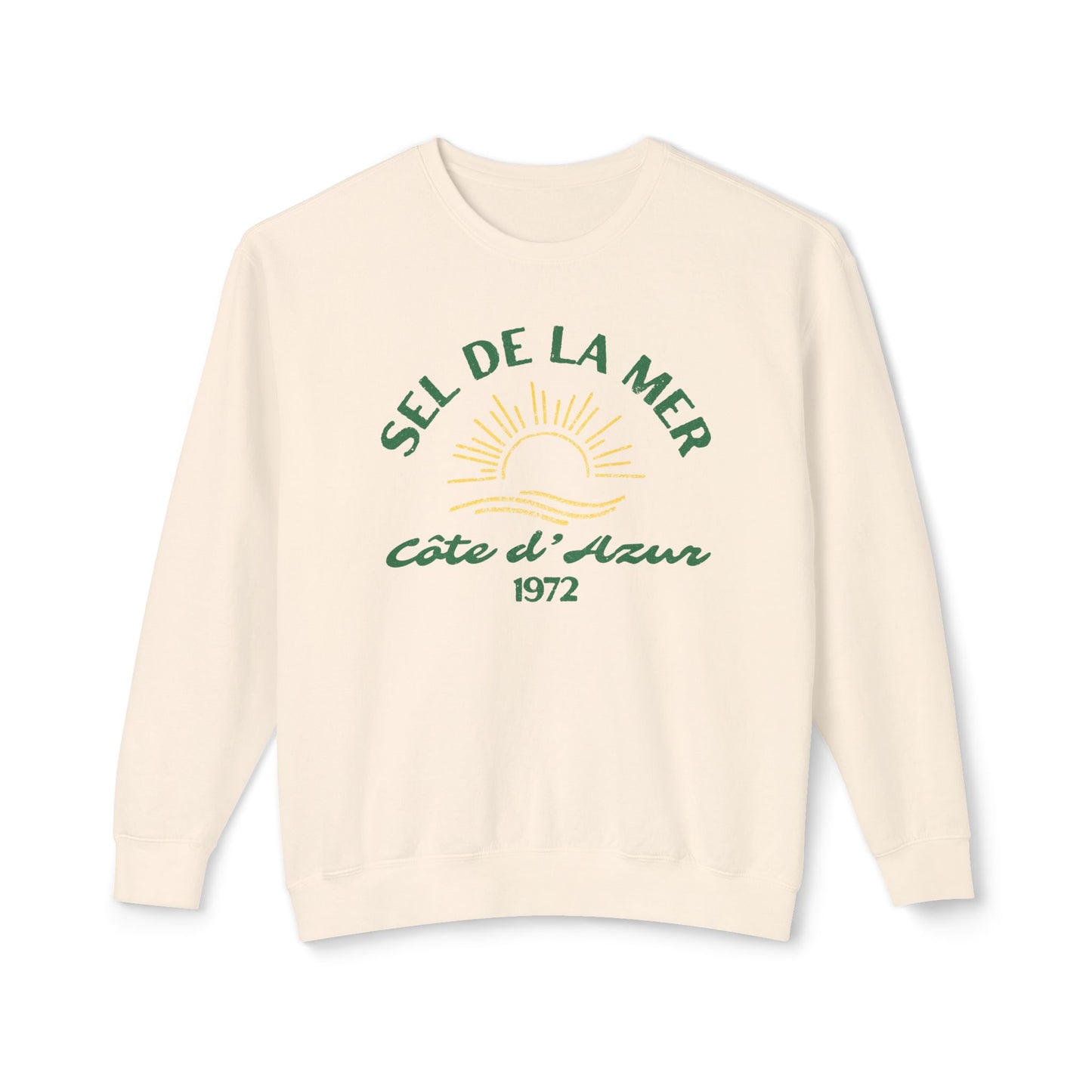 Beige sweatshirt with green and yellow text and design on a white background
