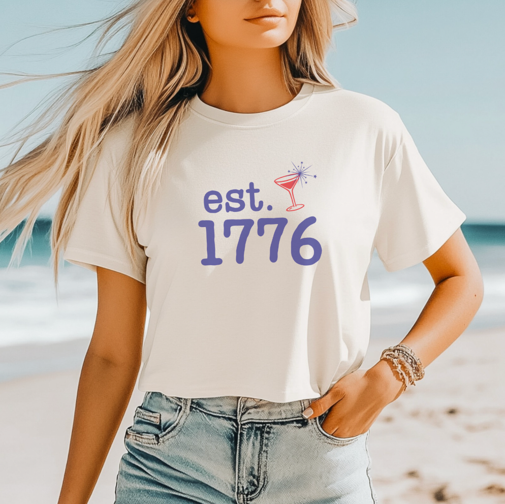 Est. 1776 Sparkler Martini Cropped Tee – 4th of July Shirt