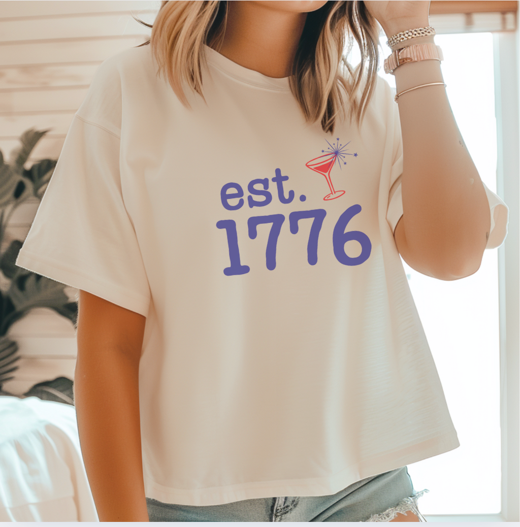 Est. 1776 Sparkler Martini Cropped Tee – 4th of July Shirt