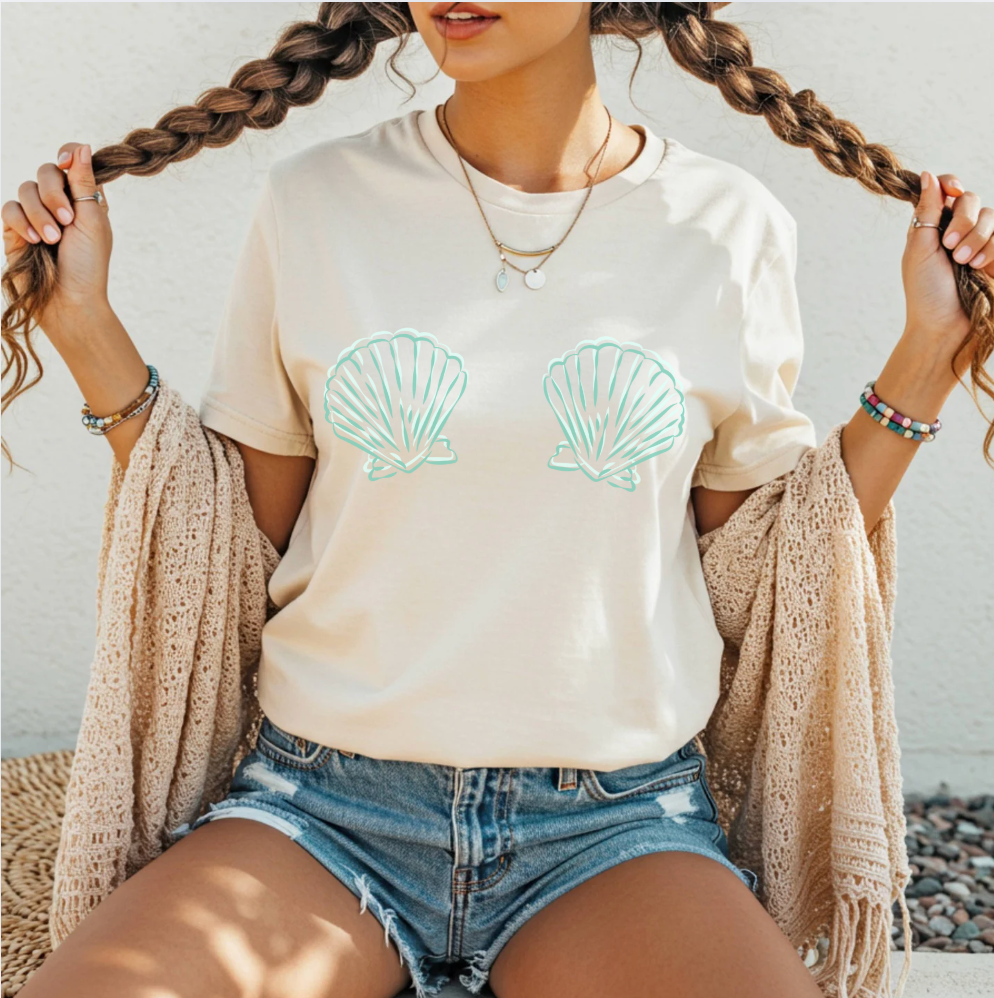 Cheeky Seashell Tee -Oversized Fit Beach Shirt, Mermaid Bikini Vibes in Coastal Colors