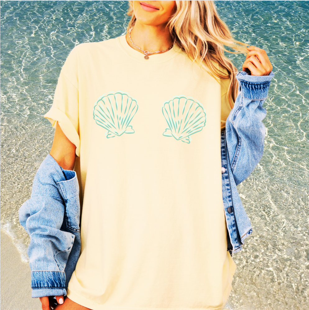 Cheeky Seashell Tee -Oversized Fit Beach Shirt, Mermaid Bikini Vibes in Coastal Colors