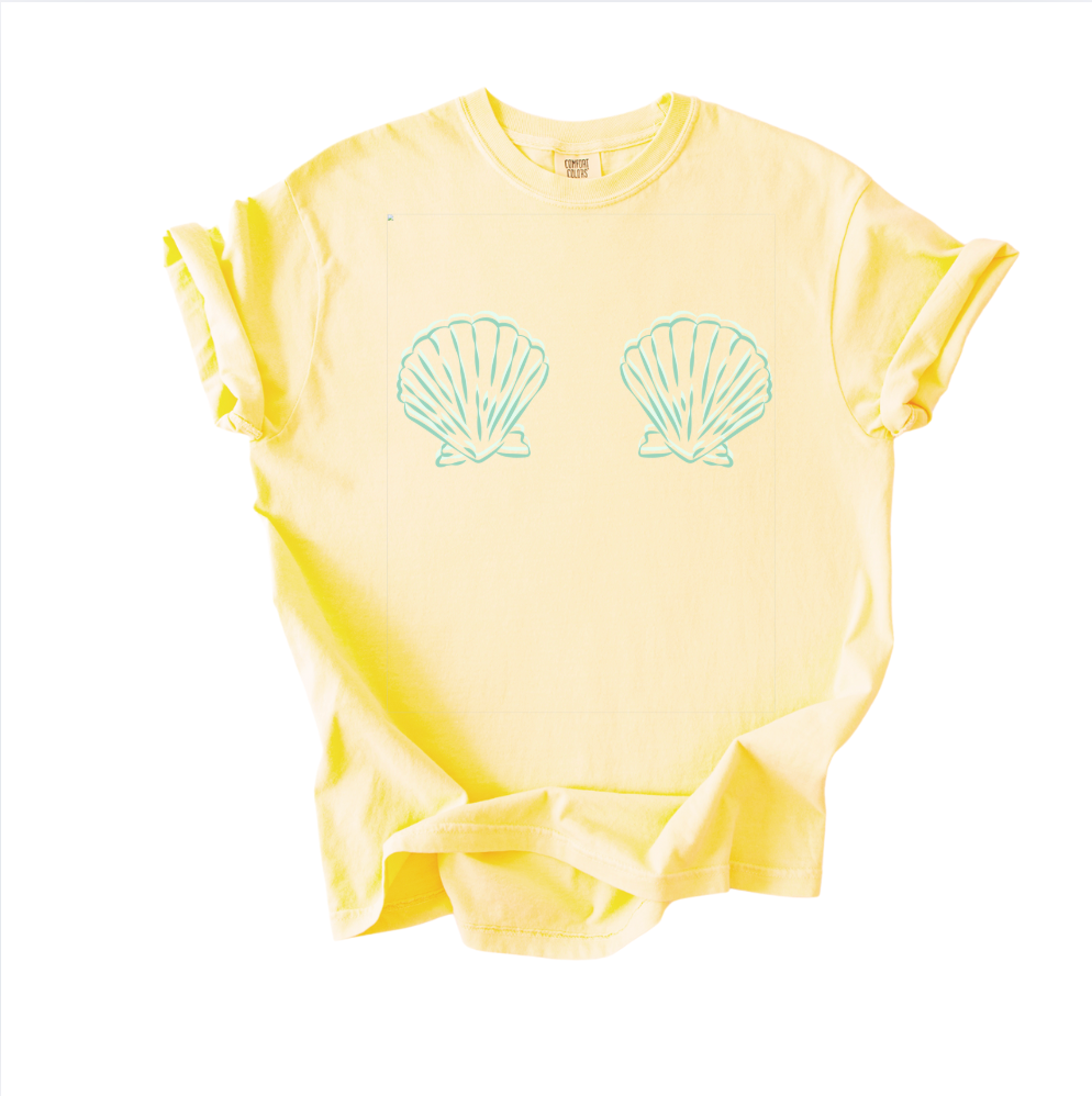 Cheeky Seashell Tee -Oversized Fit Beach Shirt, Mermaid Bikini Vibes in Coastal Colors
