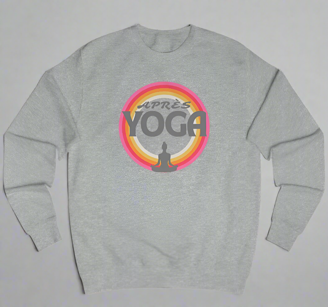 Gray sweatshirt with 'Apres Yoga' graphic design on a white background