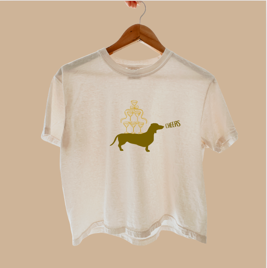 Darling Dachshund & Champagne Tee - Boxy Cropped Style