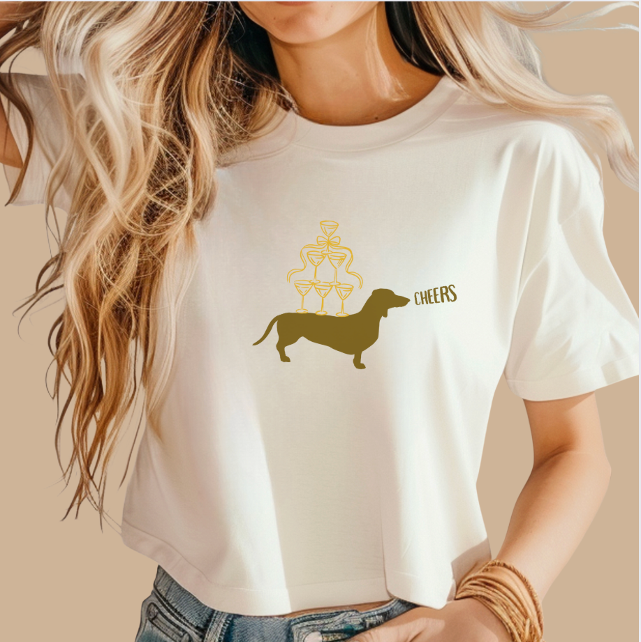Darling Dachshund & Champagne Tee - Boxy Cropped Style