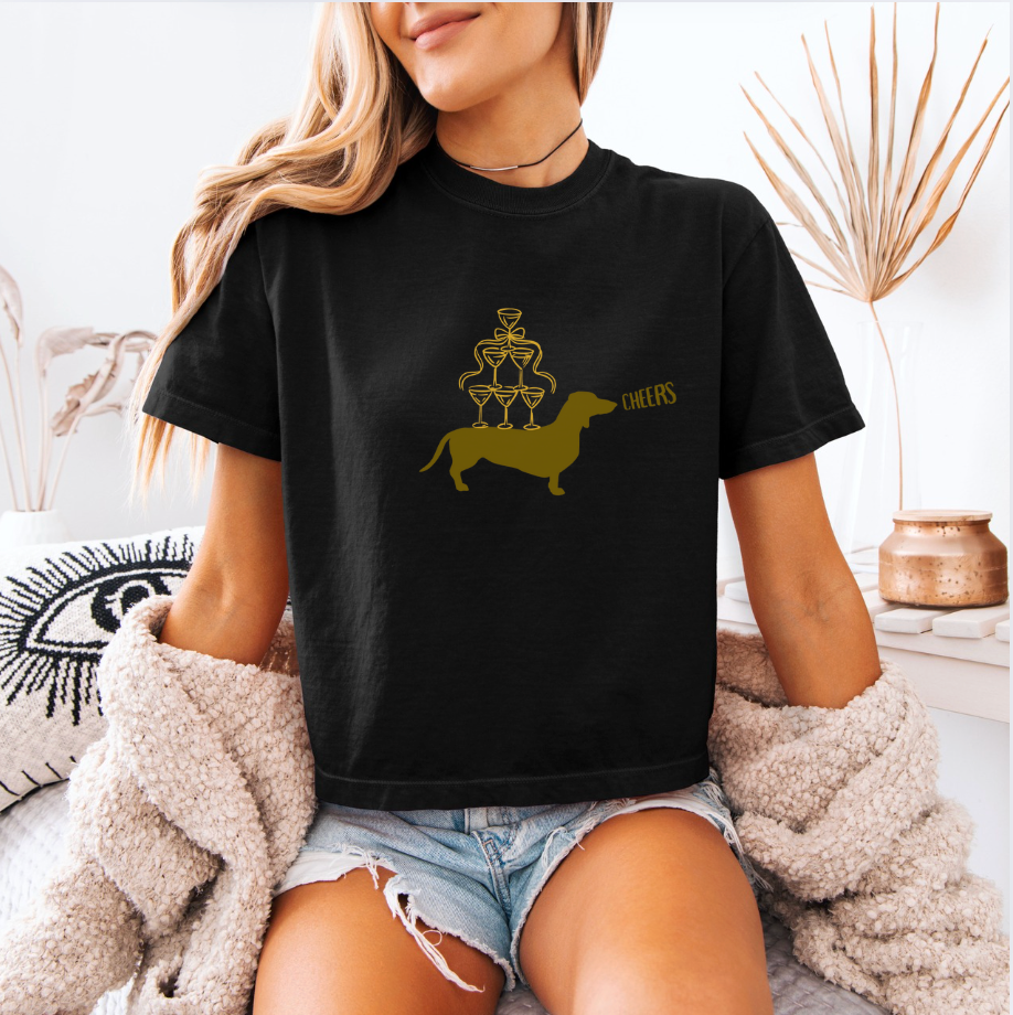 Darling Dachshund & Champagne Tee - Boxy Cropped Style