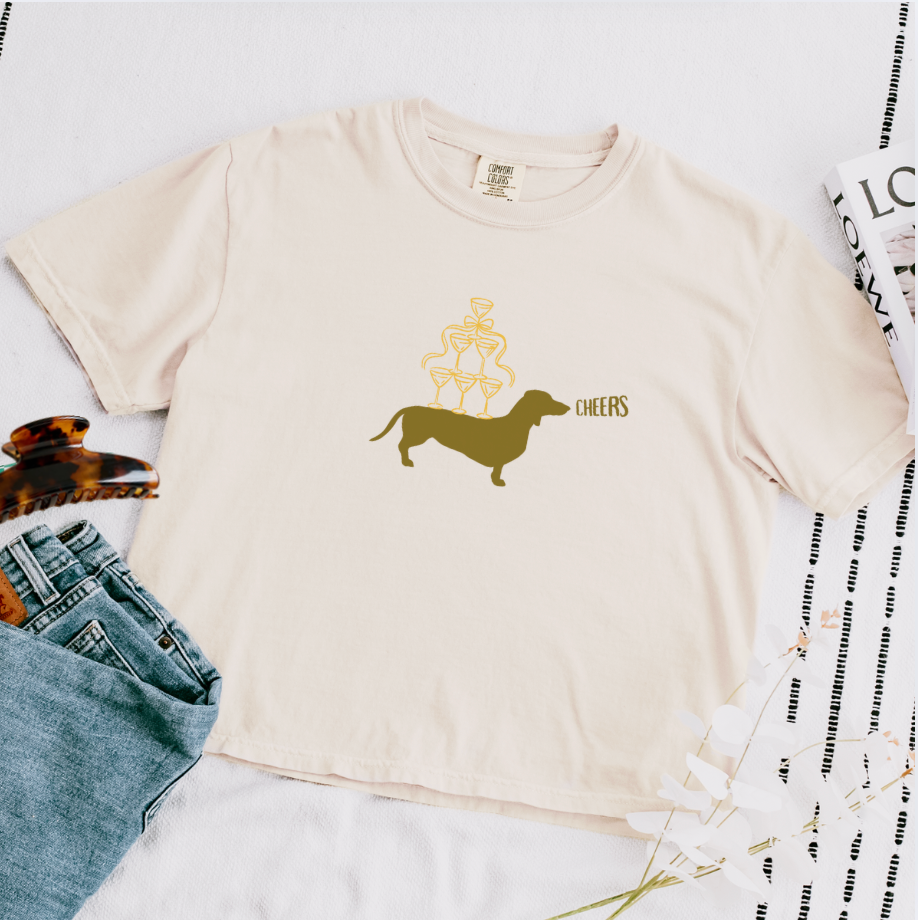 Darling Dachshund & Champagne Tee - Boxy Cropped Style