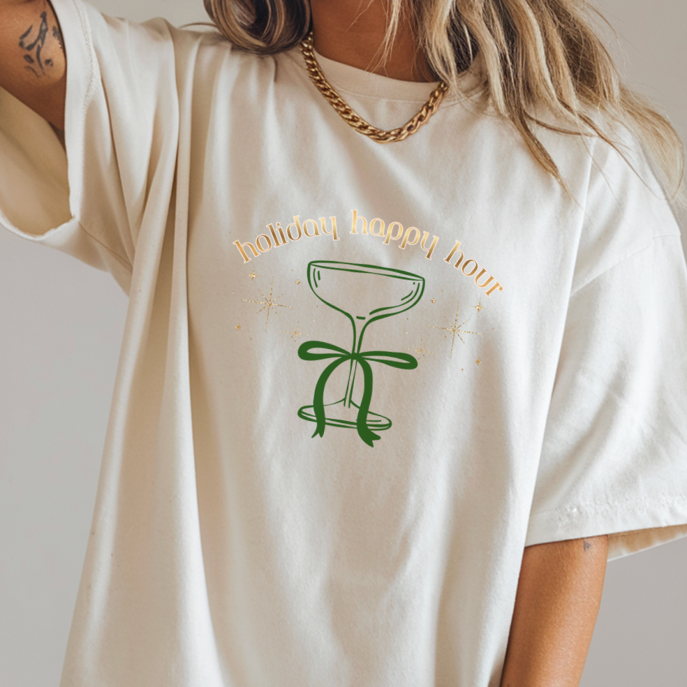 "Holiday Happy Hour" Cocktail Glass Bow Graphic