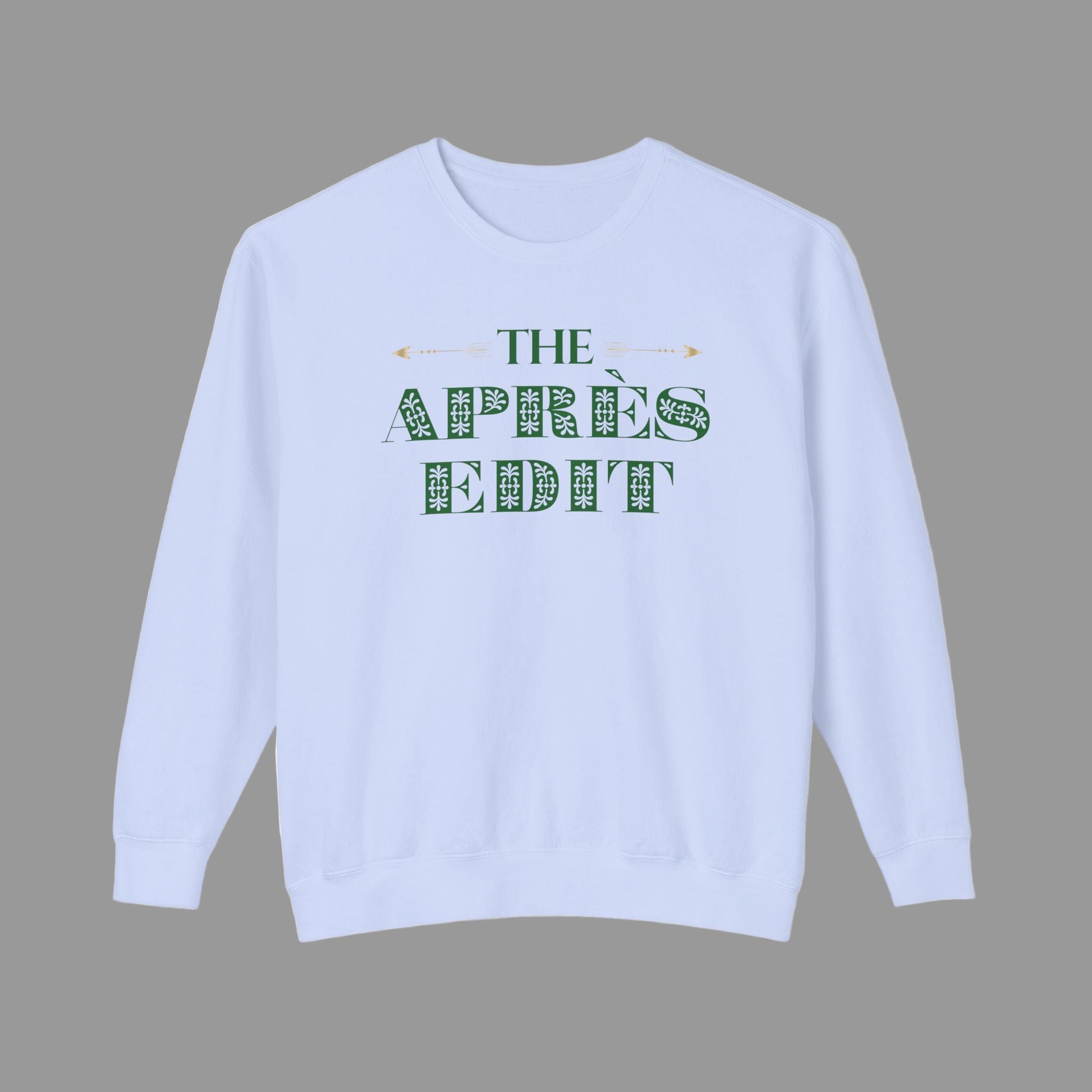 Light blue sweatshirt with 'The Apres Edit' text on a white background