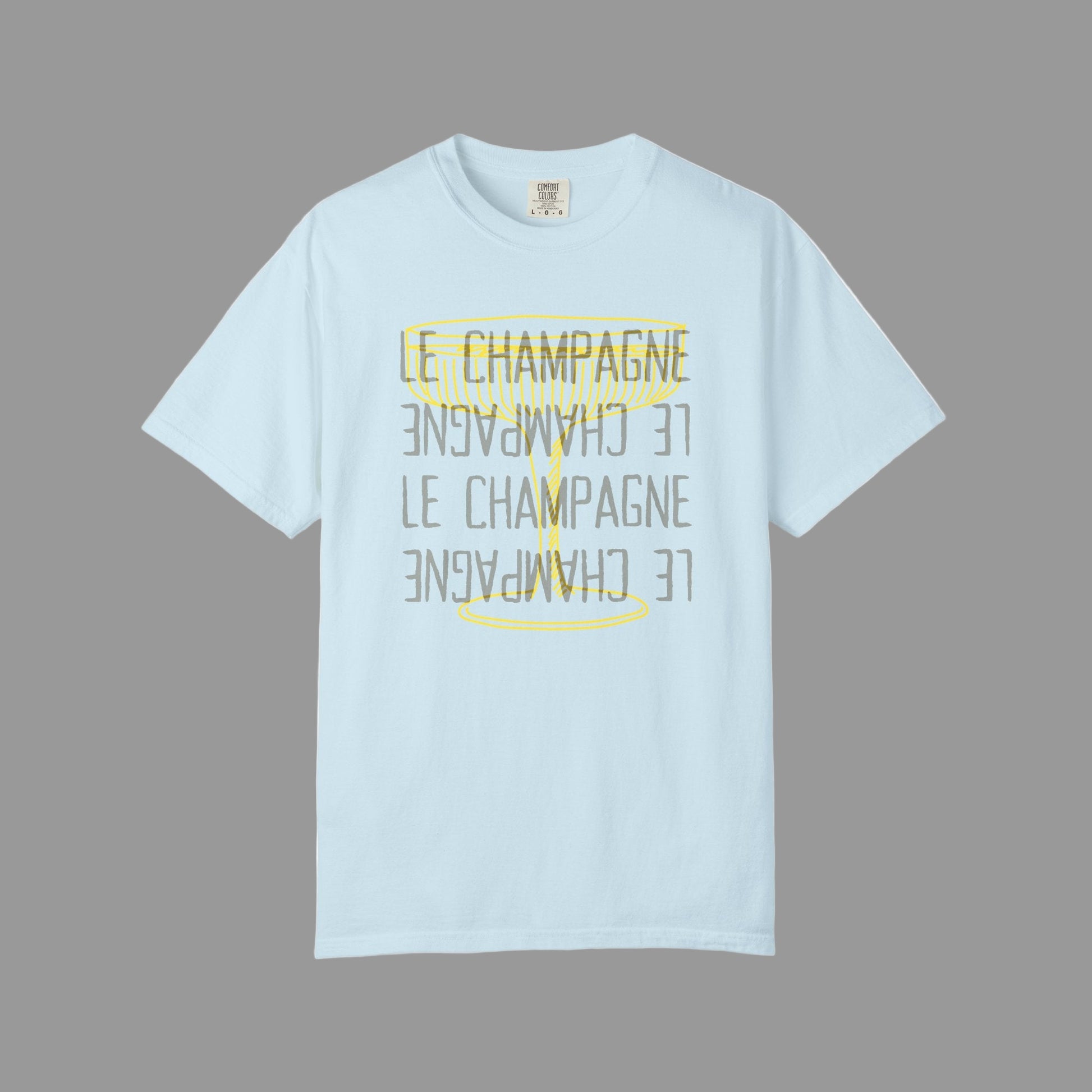 Light blue t-shirt with yellow text and design on a white background