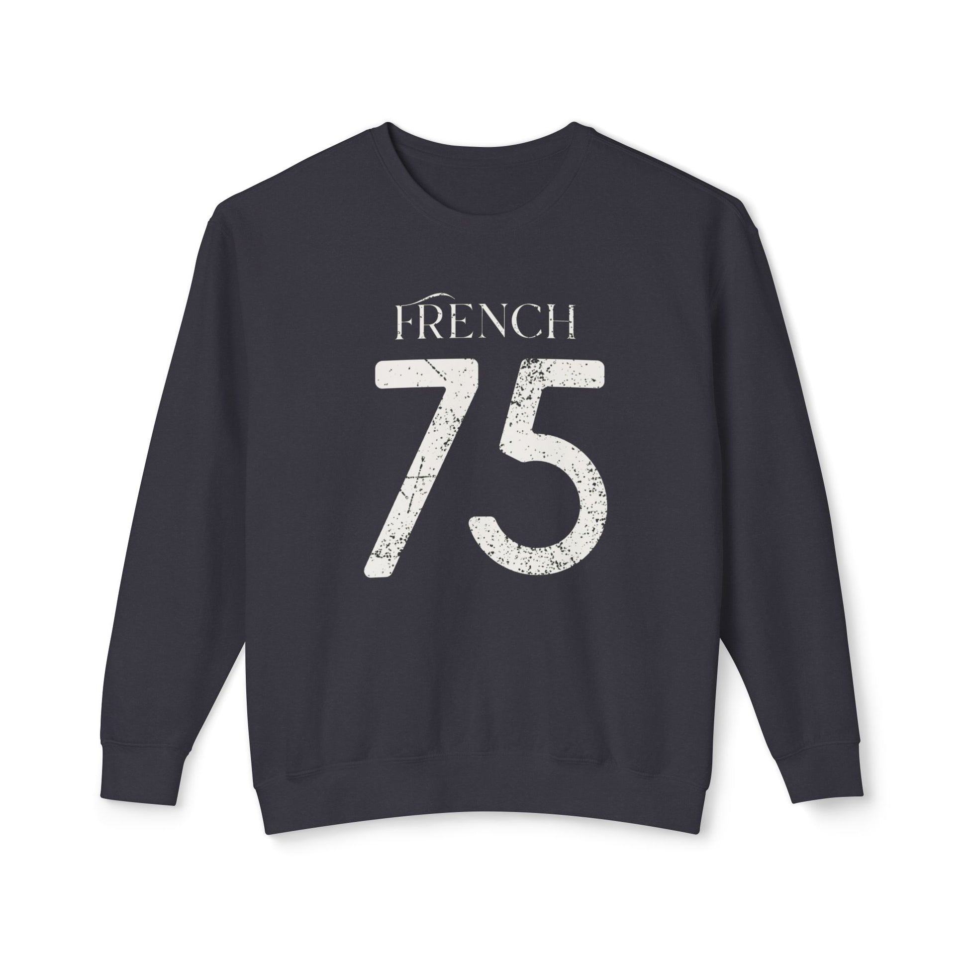 Navy blue sweatshirt with 'FRENCH 75' text on a white background