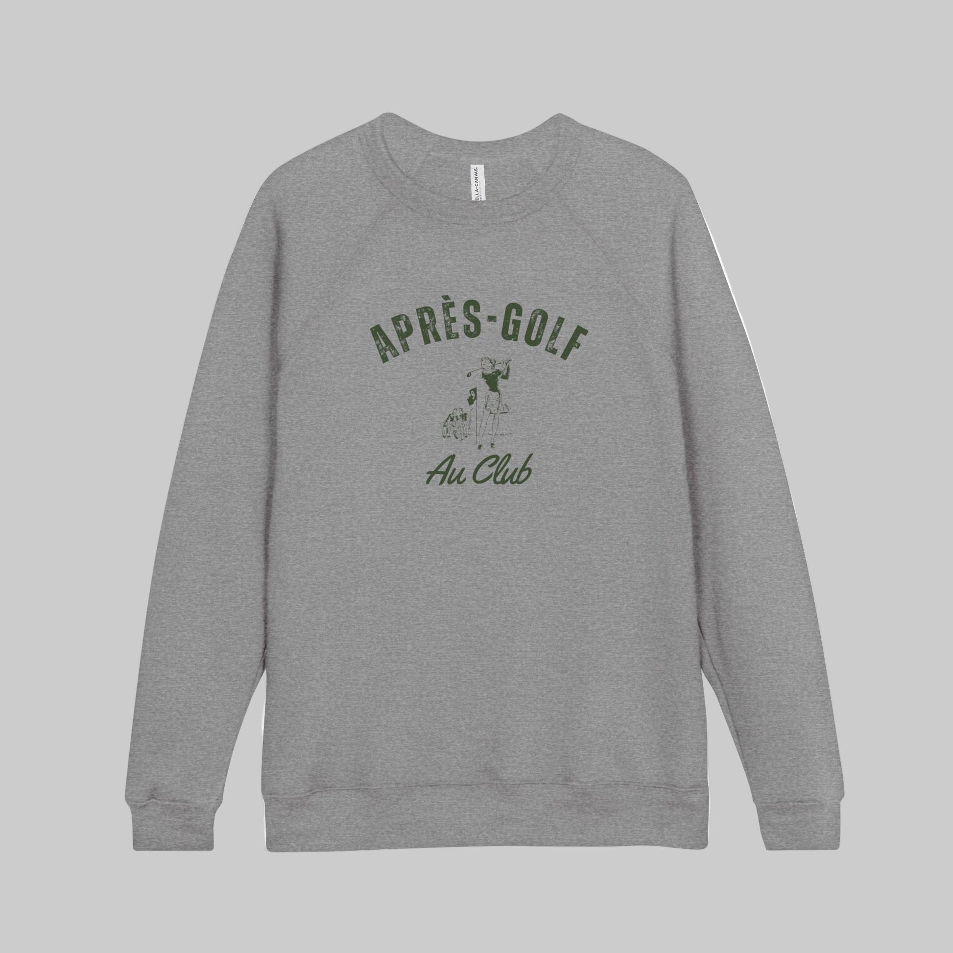 Gray sweatshirt with 'Apres-Golf' and 'Au Club' text on a white background