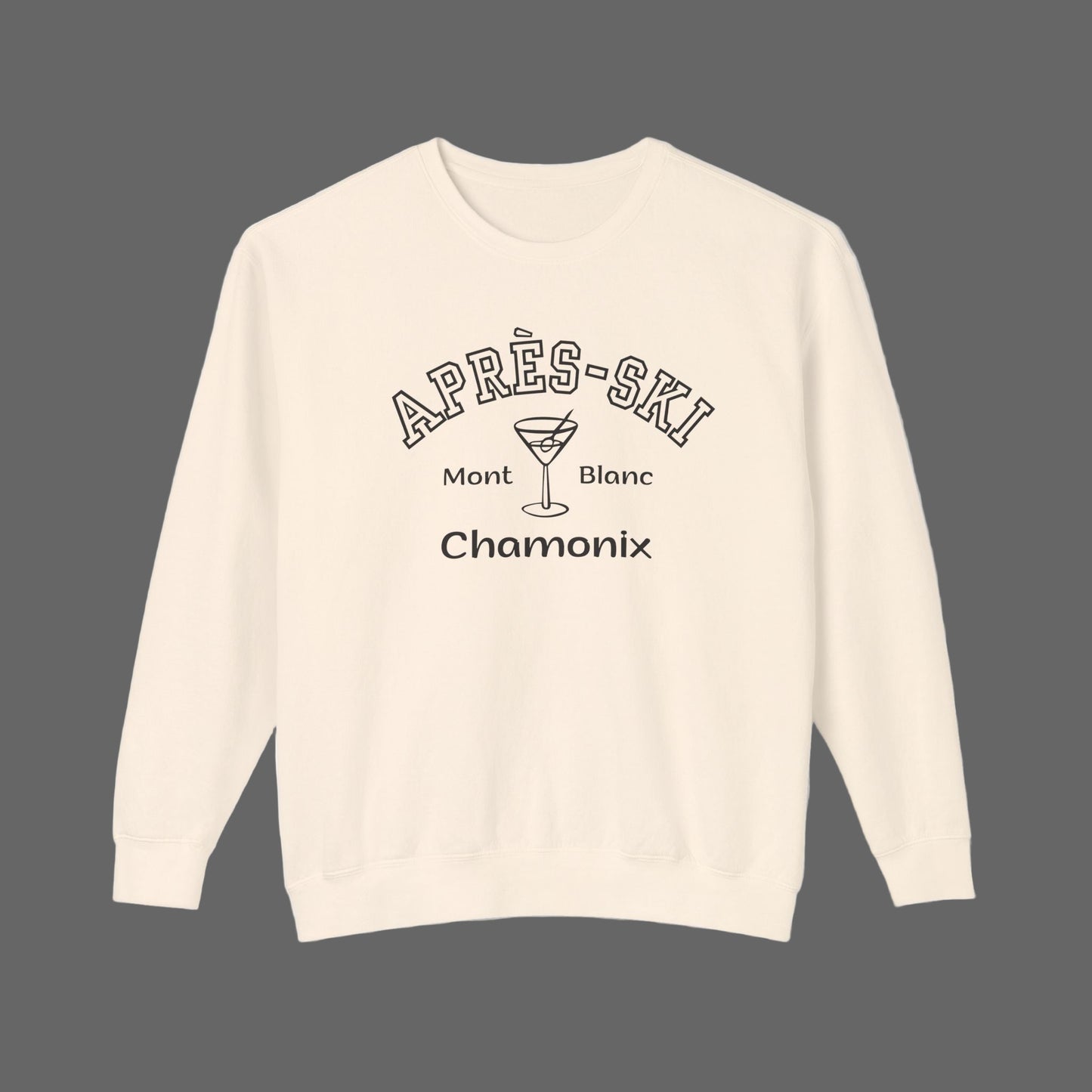 Beige sweatshirt with black text and a martini glass graphic on a white background