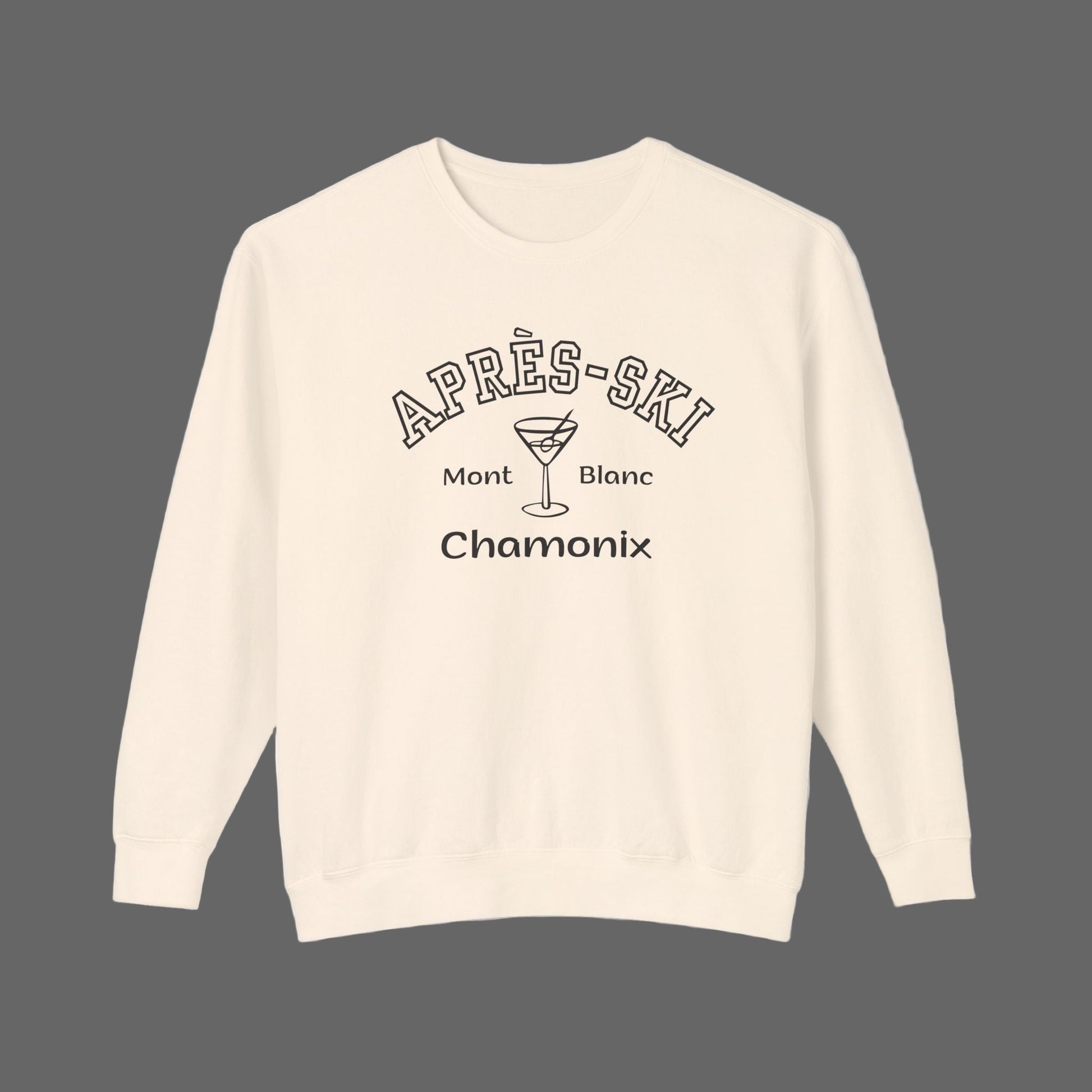 Beige sweatshirt with black text and a martini glass graphic on a white background