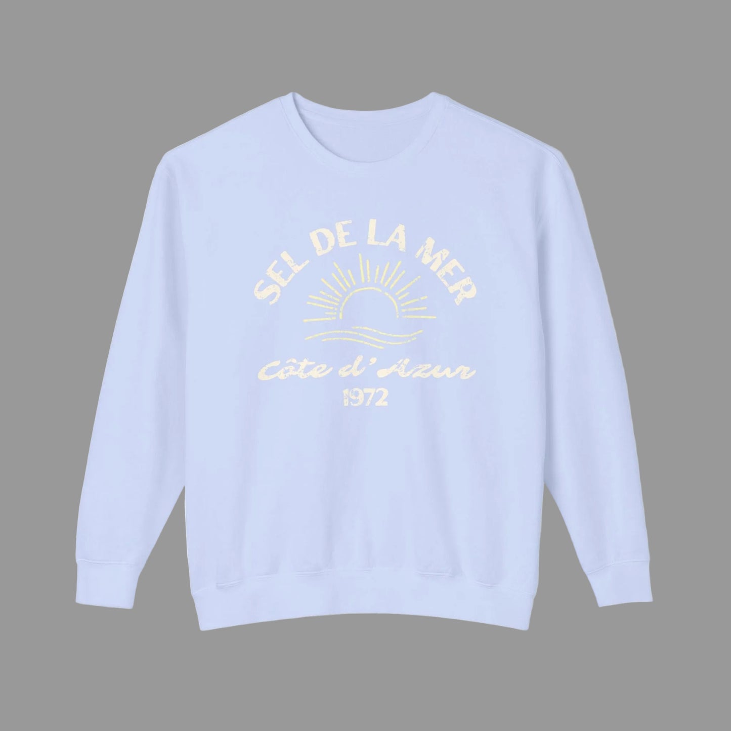 Light blue sweatshirt with white text and design on a white background