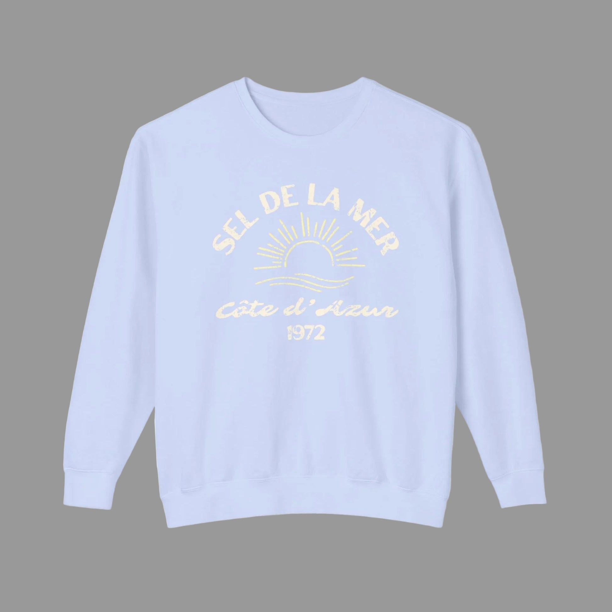 Light blue sweatshirt with white text and design on a white background