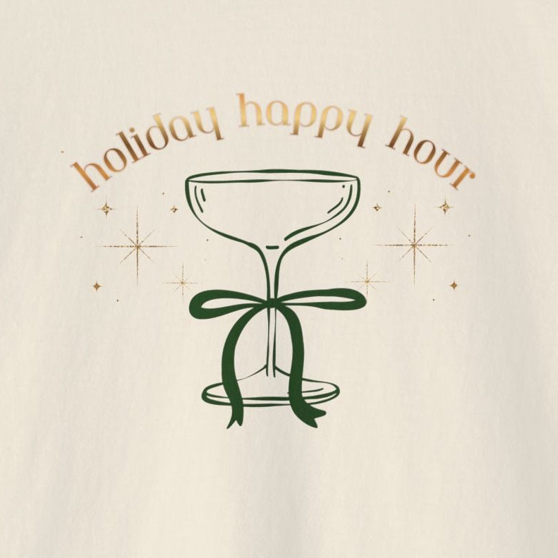 Beige t-shirt with 'Holiday Happy Hour' graphic on a white background