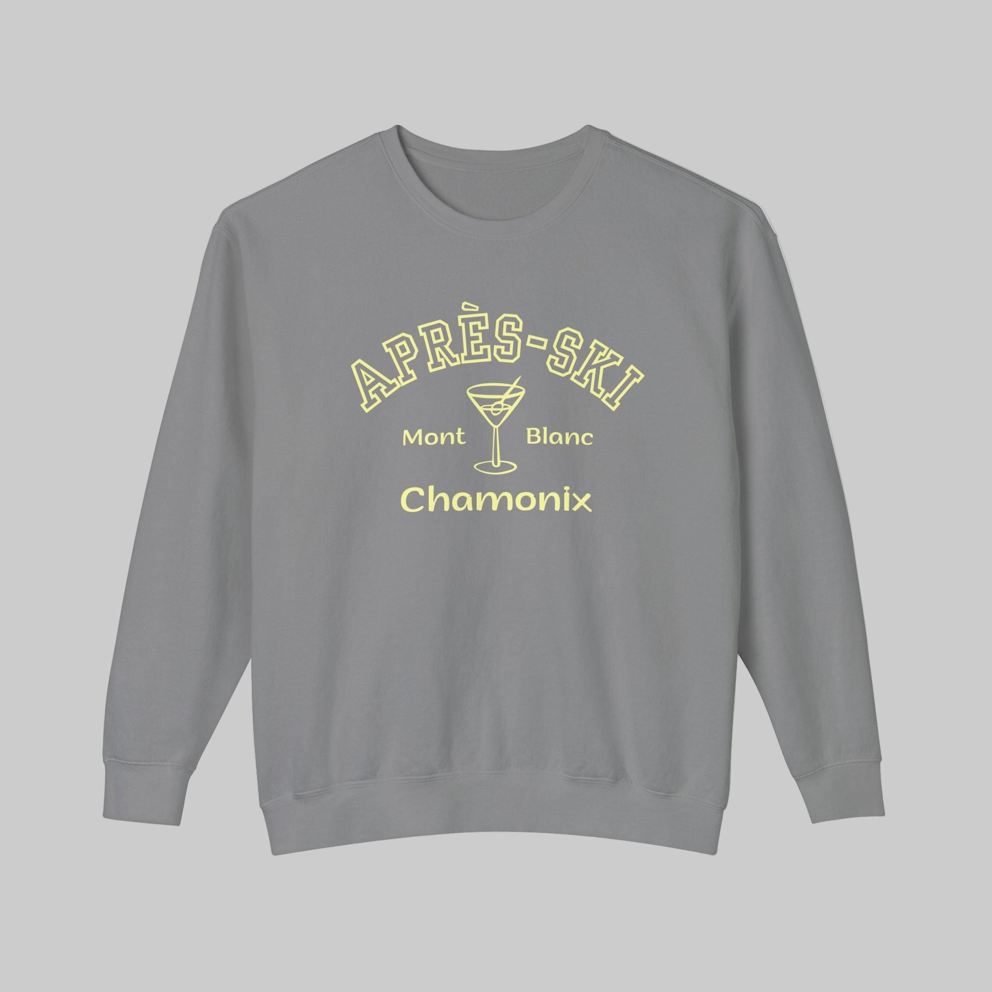 Gray sweatshirt with yellow text and cocktail graphic on a white background