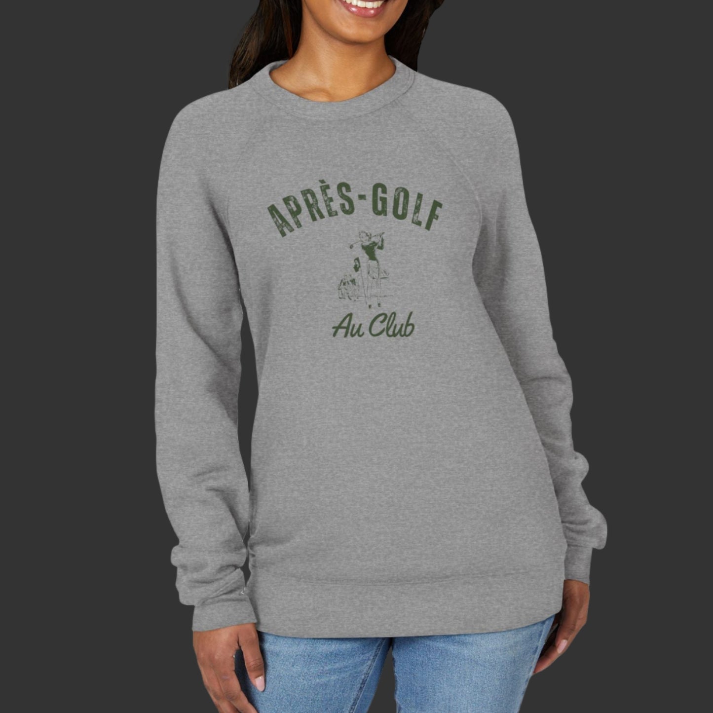 Woman wearing a gray sweatshirt with text and graphics on a white background