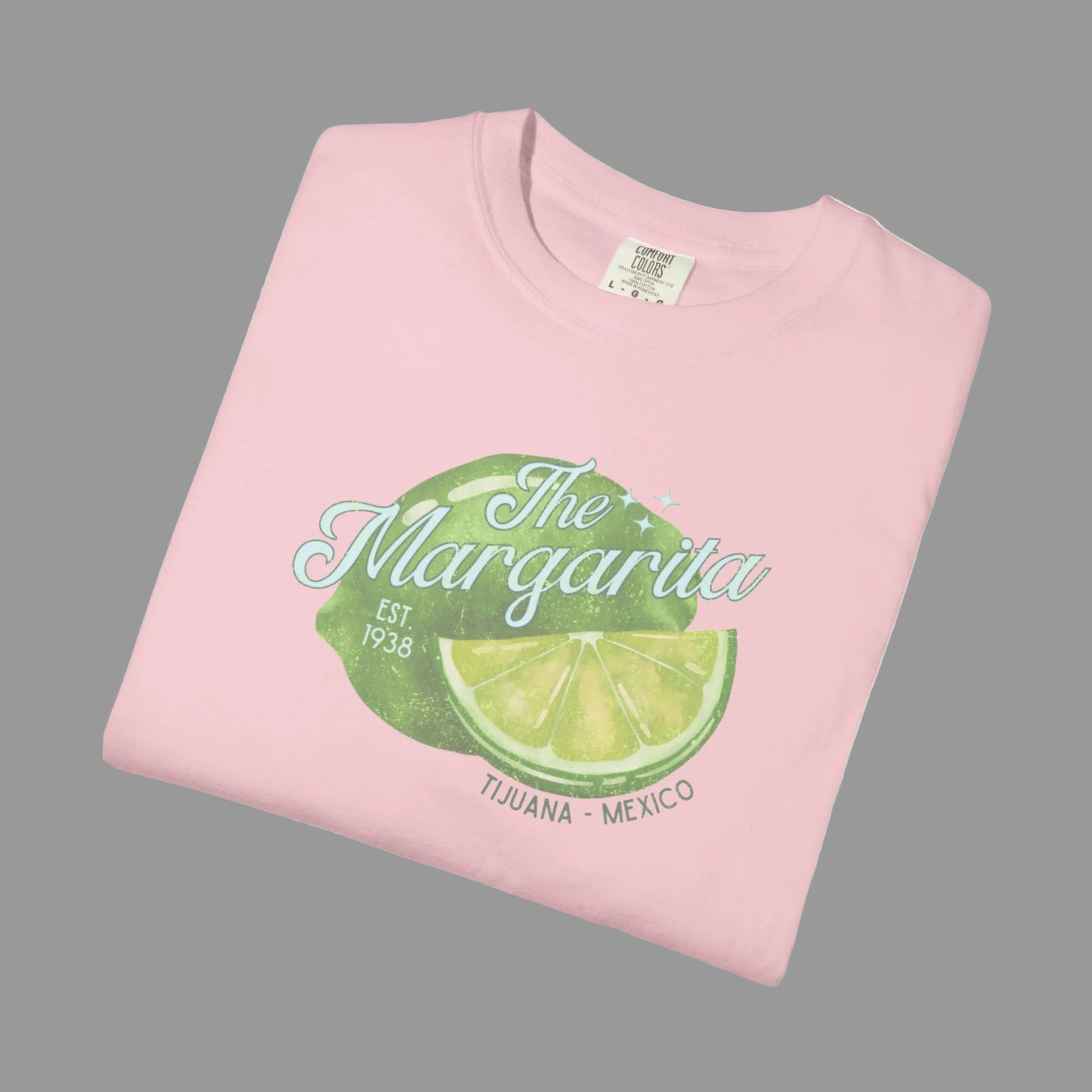 Pink t-shirt with 'The Margarita' design featuring a lime and text on a white background