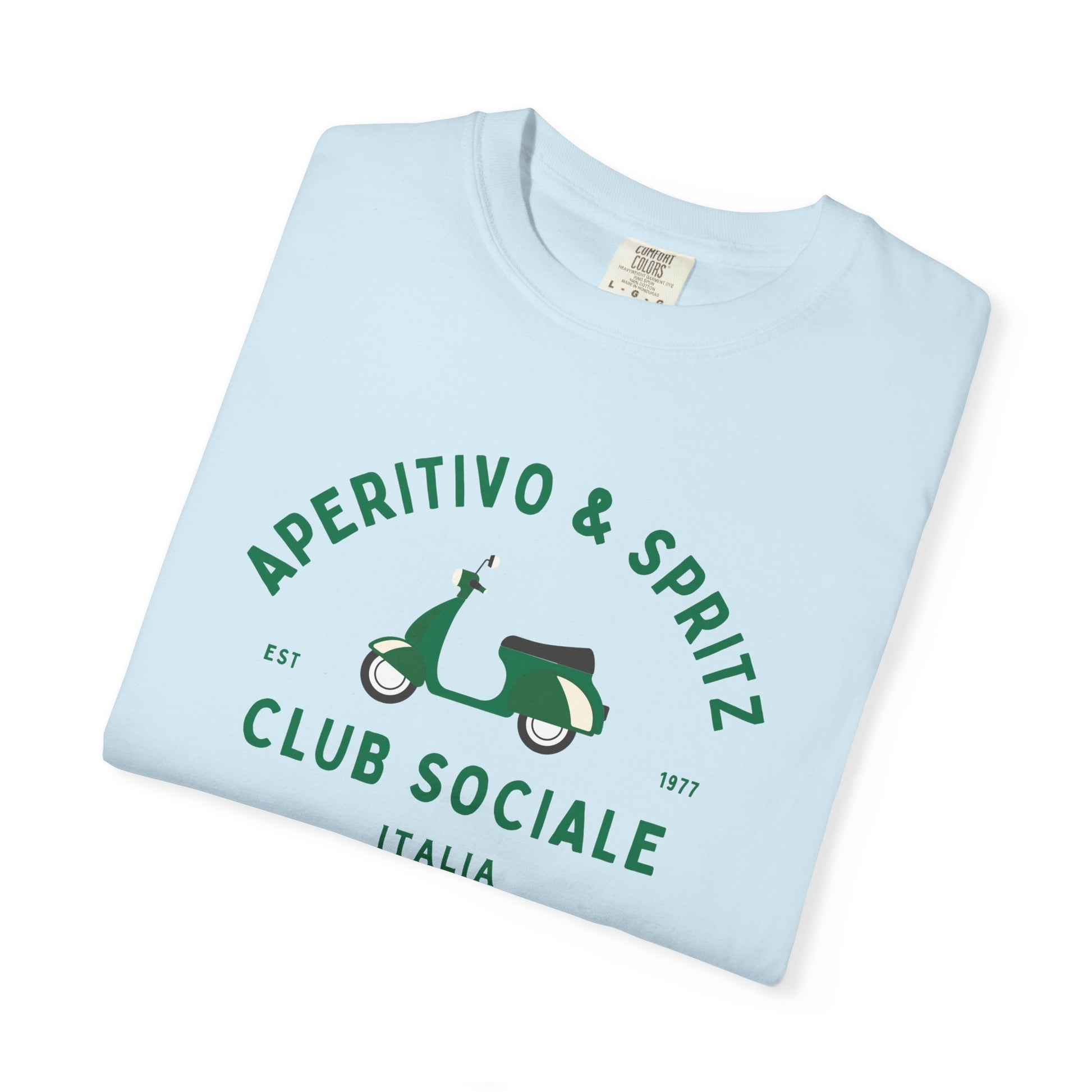 Light blue sweatshirt with green text and scooter graphic on a white background