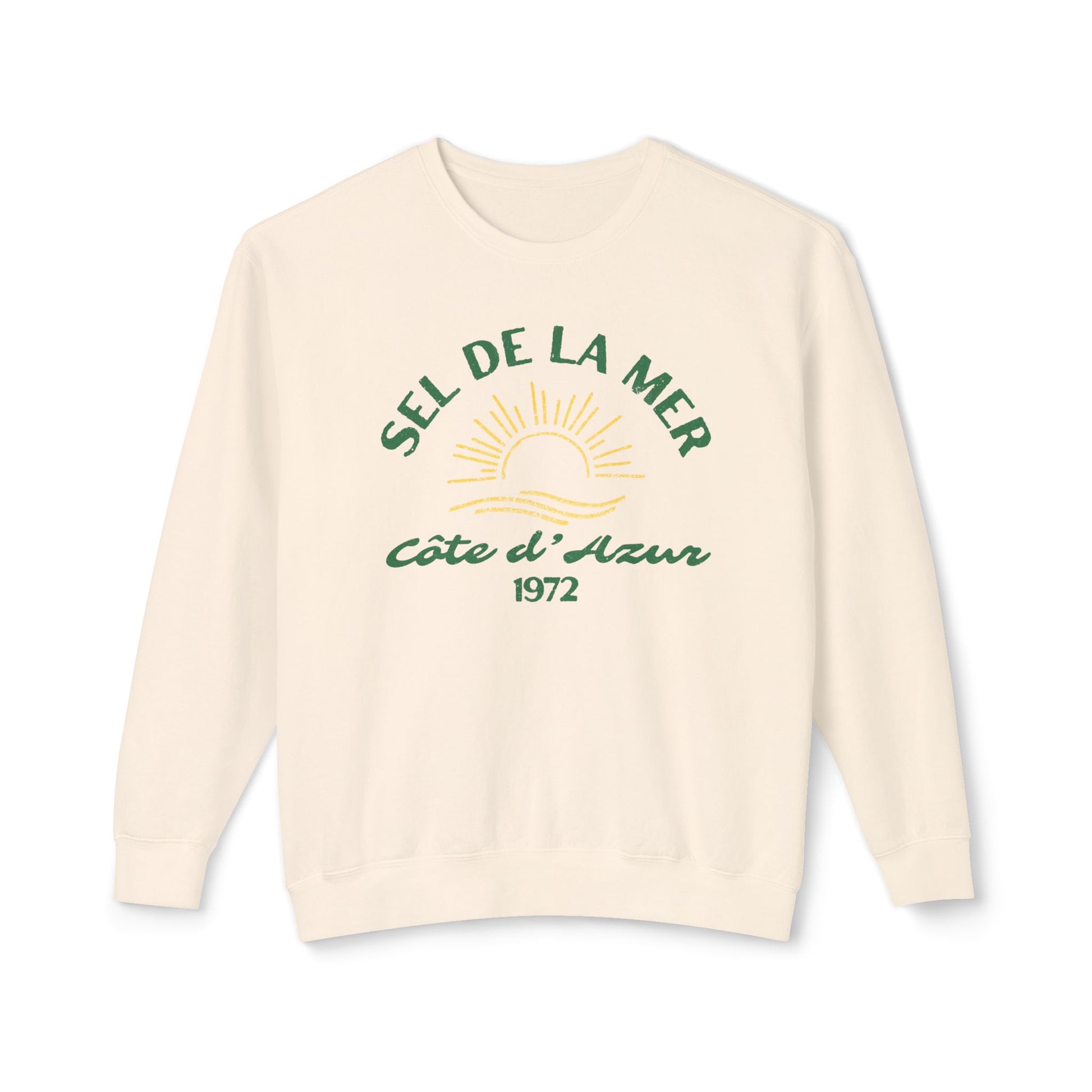 Beige sweatshirt with green and yellow text and design on a white background
