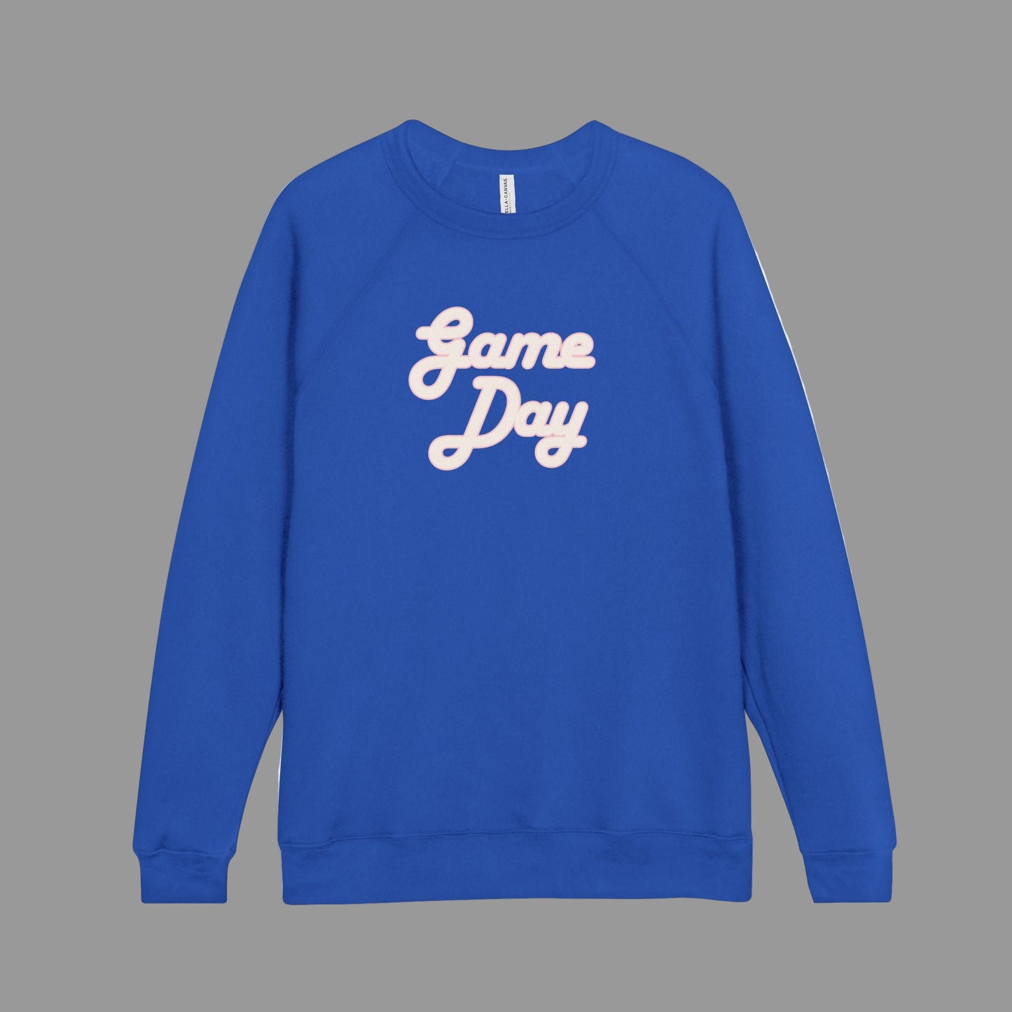 Blue sweatshirt with 'Game Day' text on a white background