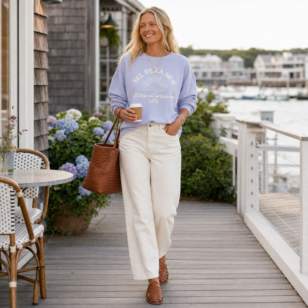A woman stands on a wooden waterfront deck wearing a light lavender sweatshirt with 'SEL DE LA MER' text and white wide-leg pants, holding a coffee cup and a woven brown tote bag.