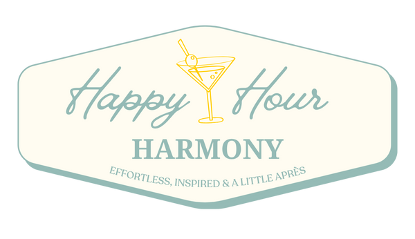 Logo for 'Happy Hour Harmony' with a martini glass on a light background