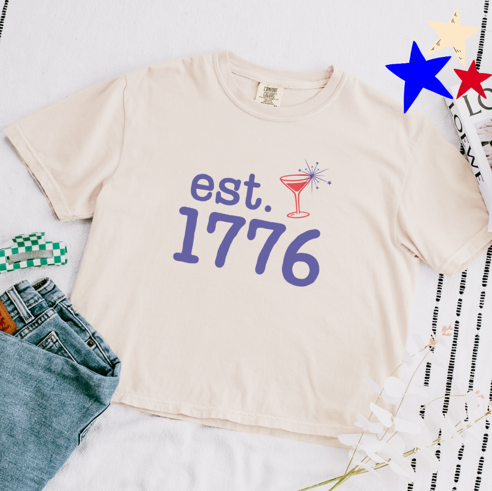 Est. 1776 Sparkler Martini Cropped Tee – 4th of July Shirt