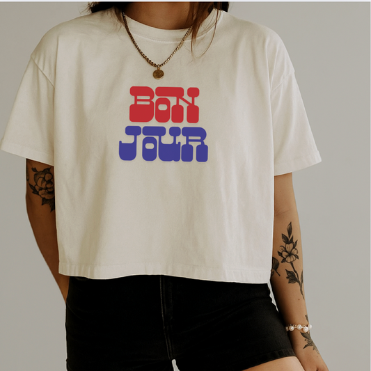 BONJOUR TEE: Boxy Cropped Ivory Tee