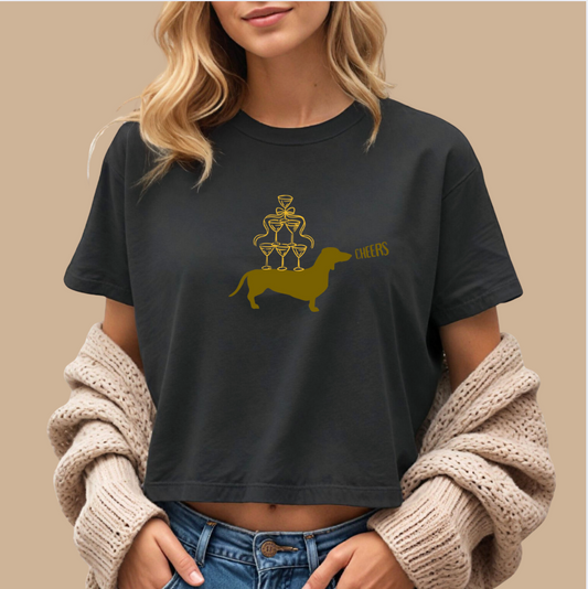 Darling Dachshund & Champagne Tee - Boxy Cropped Style