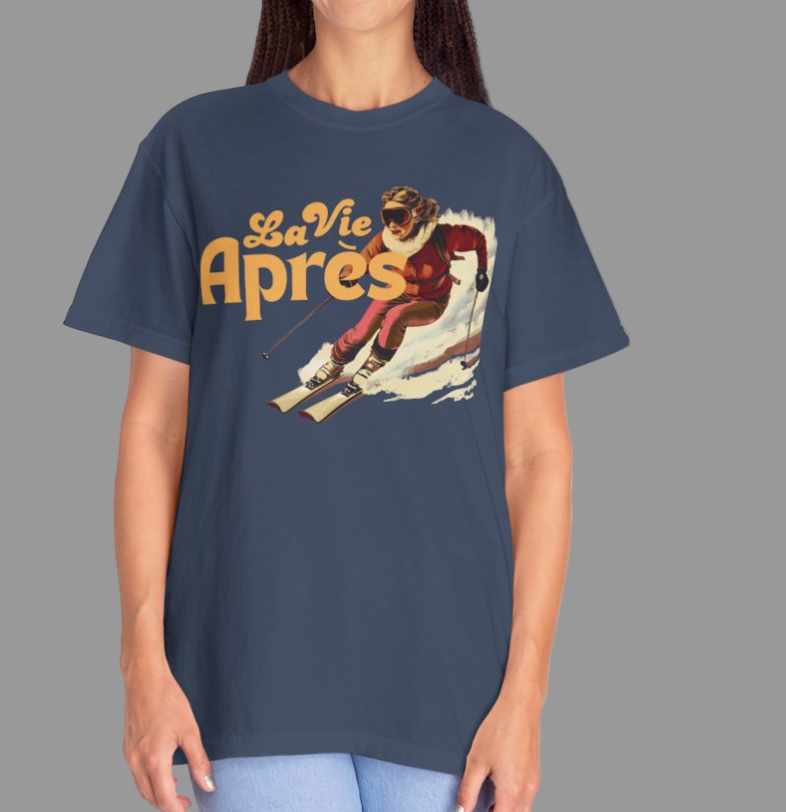 Navy blue t-shirt with a graphic of a skier and 'La Vie Apres' text on a white background