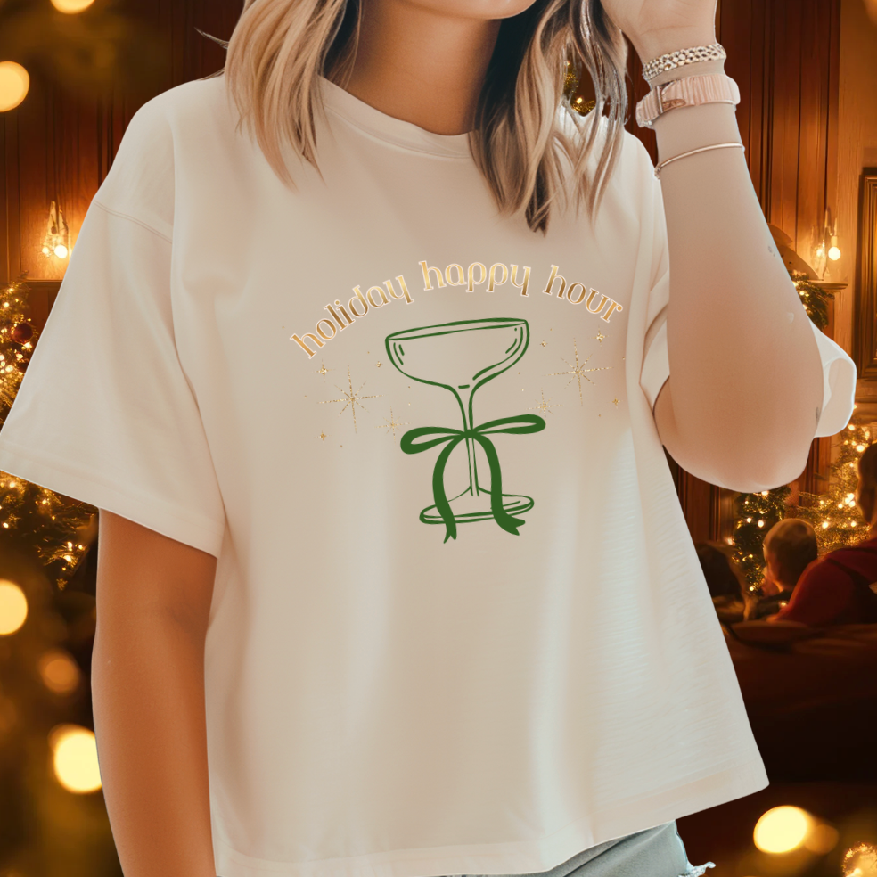 "Holiday Happy Hour" Cocktail Glass Bow Graphic