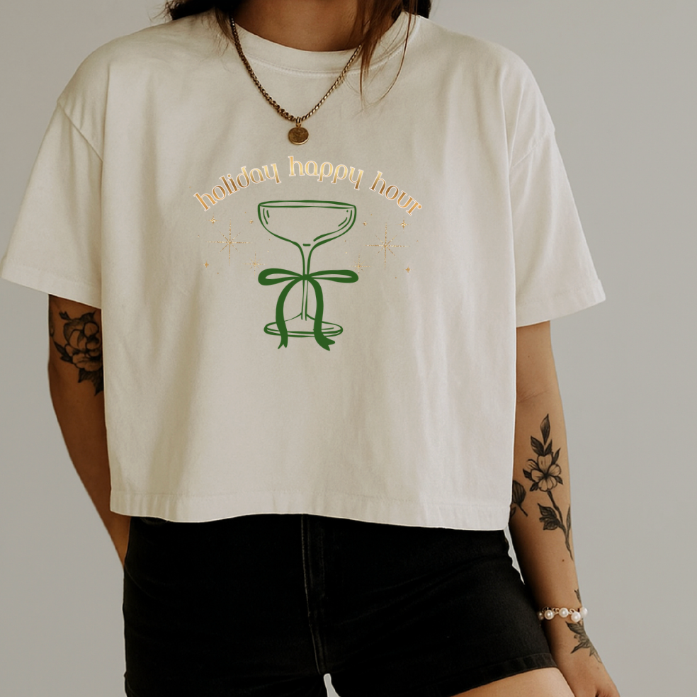 "Holiday Happy Hour" Cocktail Glass Bow Graphic