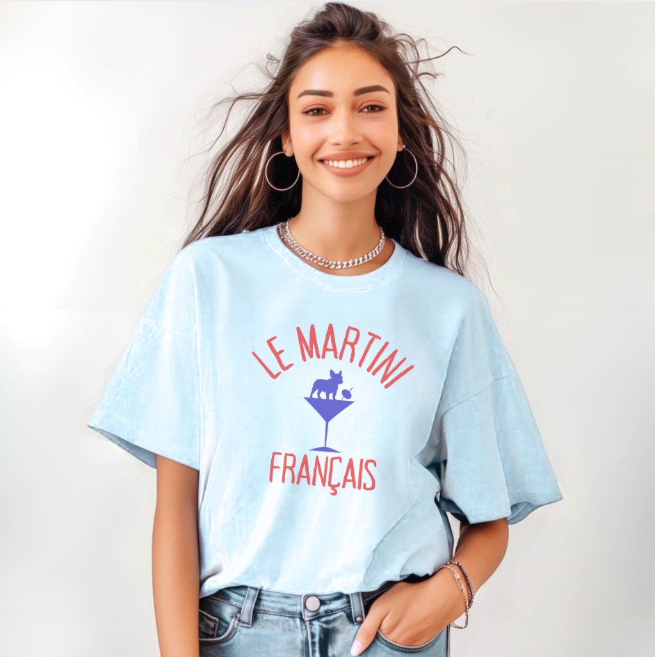 Le Martini Français T-shirt | French Bulldog Cocktail Tee