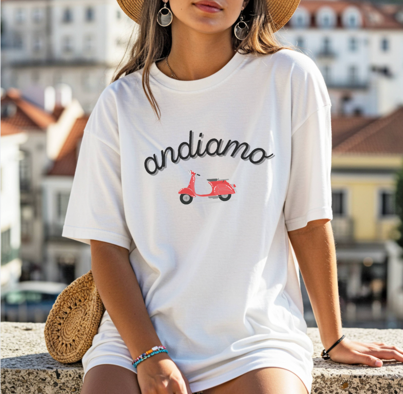 Andiamo Scooter Illustration T-Shirt | Vespa Italy Retro Travel Design