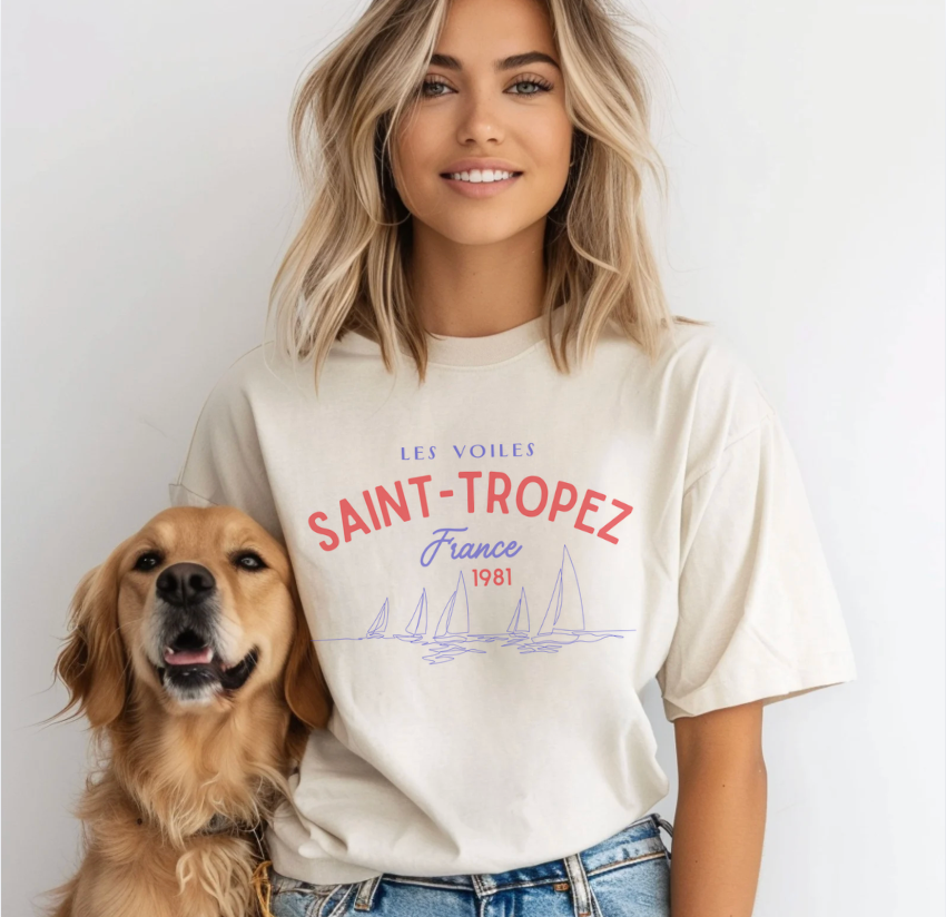 Saint-Tropez Boxy Tee — Women's Vintage French Coastal Graphic T-Shirt
