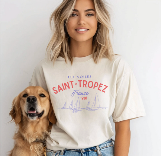 Saint-Tropez Boxy Tee — Women's Vintage French Coastal Graphic T-Shirt