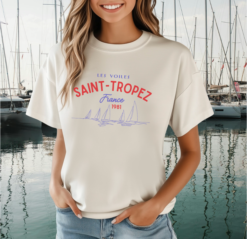 Saint-Tropez Boxy Tee — Women's Vintage French Coastal Graphic T-Shirt