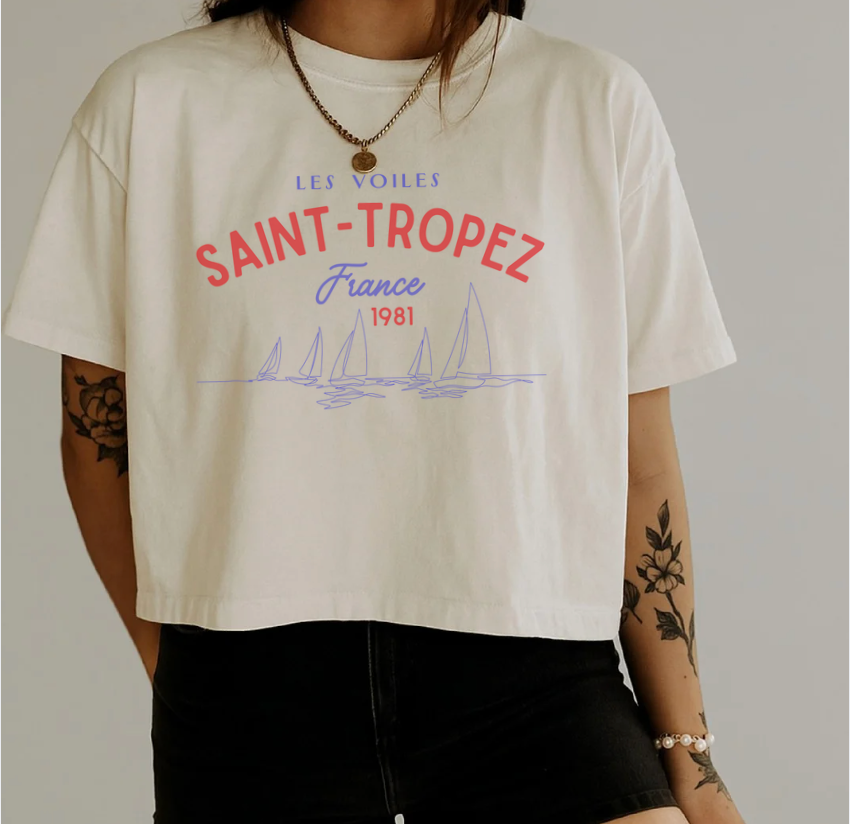 Saint-Tropez Boxy Tee — Women's Vintage French Coastal Graphic T-Shirt