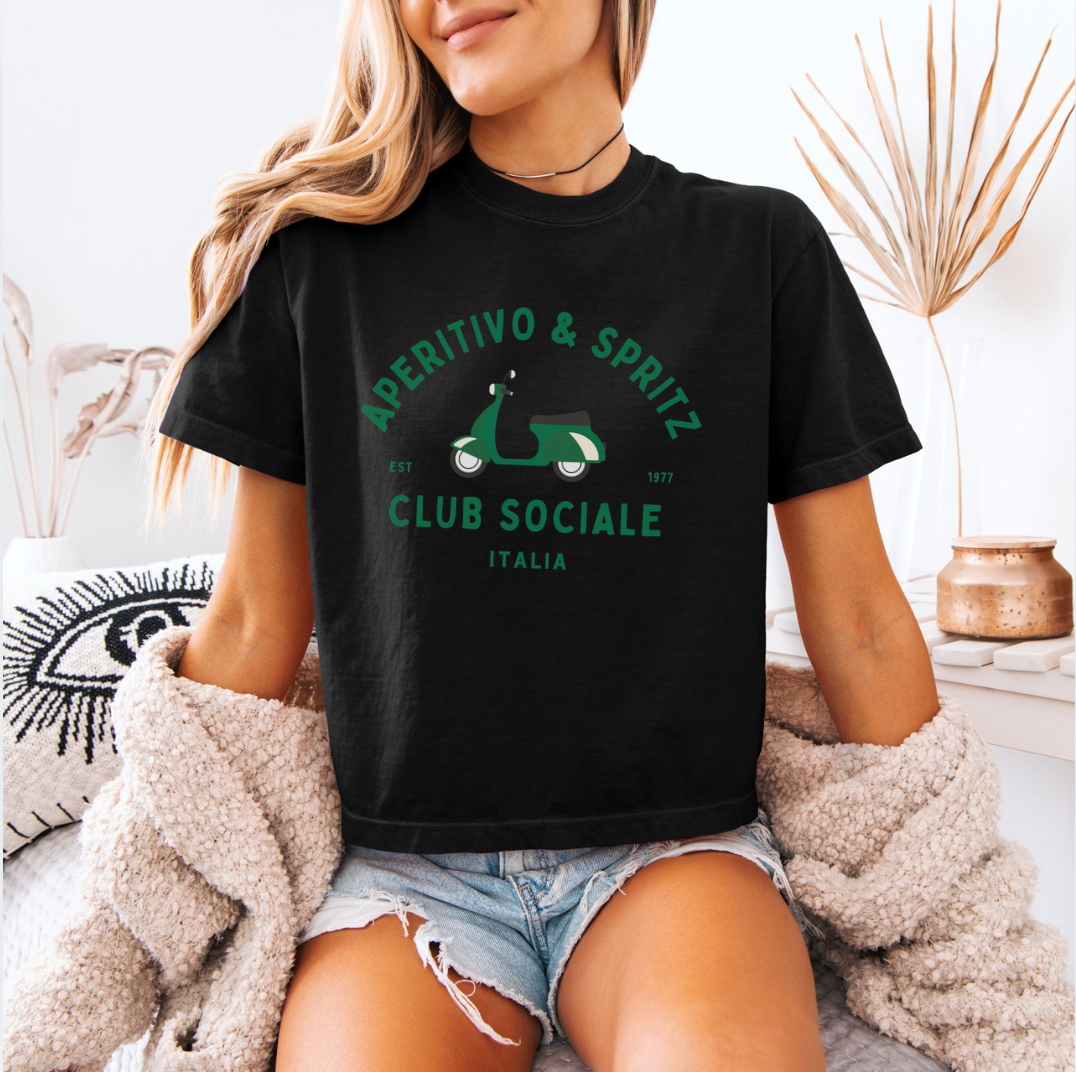 Aperitivo & Spritz Club Sociale Italian summer graphic tee with green Vespa design on Black tee shirt