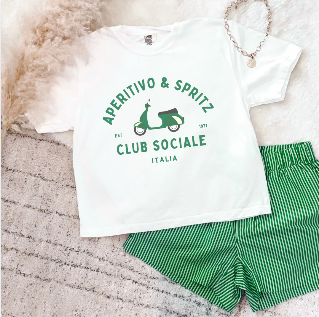 Aperitivo & Spritz Club Sociale Italian summer graphic tee with green Vespa design on white shirt