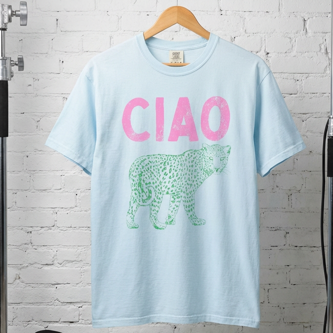 Light blue t-shirt with 'CIAO' and green panther graphic on a wooden hanger against a white brick wall.